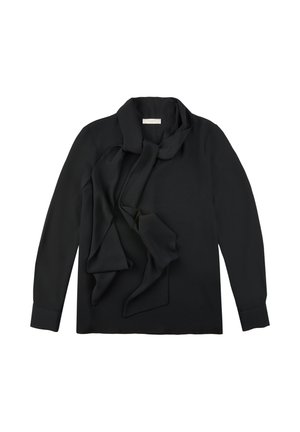 Blusa nera a maniche lunghe con dettaglio drappeggiato sul davanti e colletto. Realizzata in un tessuto morbido, presenta una vestibilità rilassata e polsini con bottoni.