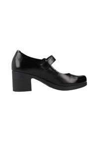Zapato Mary Jane de charol negro con puntera redondeada, correa ajustable y tacón grueso. Acabado liso con suela antideslizante.