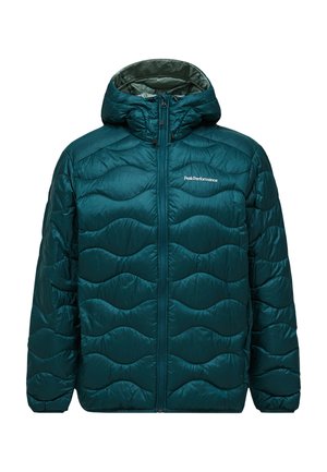 Grønblå quiltet hættetrøje med fuld lynlås foran og "Peak Performance"-logo på brystet, designet til koldt vejr.