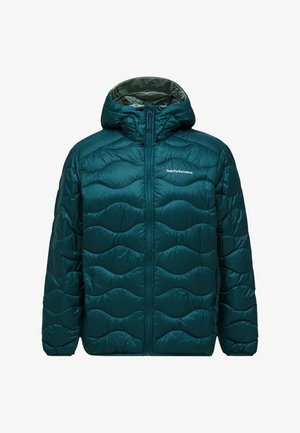 Grønblå quiltet hættetrøje med fuld lynlås foran og "Peak Performance"-logo på brystet, designet til koldt vejr.