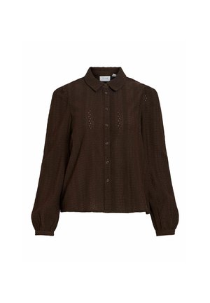 Mørkebrunt langermet bluse med strukturert stoff, knapper foran, rundet krage og litt puffede ermer med knappede mansjetter.