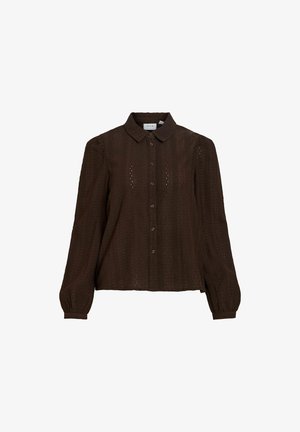 Mørkebrunt langermet bluse med strukturert stoff, knapper foran, rundet krage og litt puffede ermer med knappede mansjetter.