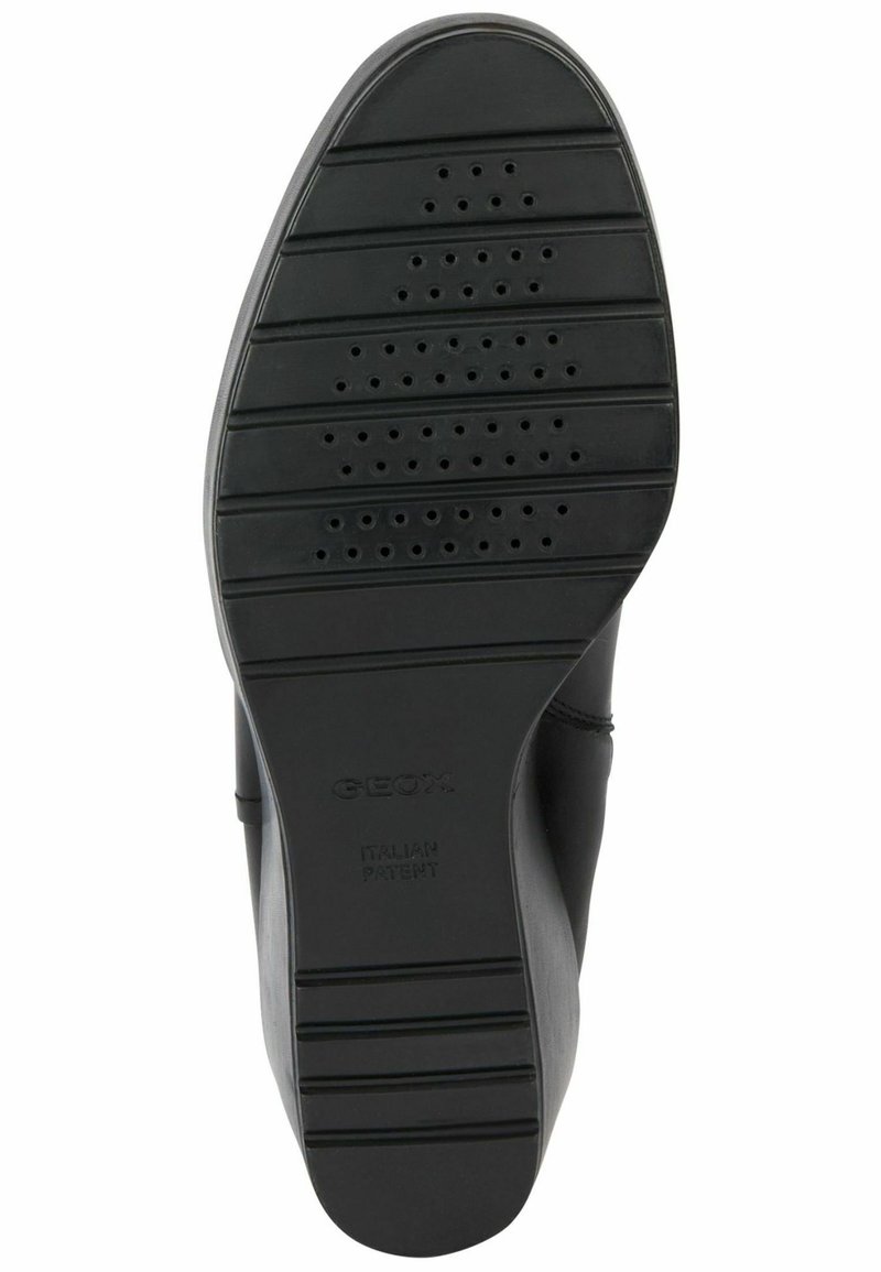 Suela de zapato de goma negra con surcos horizontales prominentes y agujeros de ventilación. Presenta las marcas "GEOX" y "PATENTE ITALIANA".