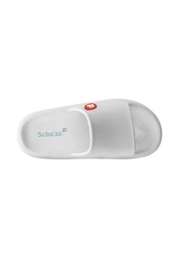 Sandalia de slide blanca con parte superior texturizada, diseño de punta abierta y acento de logo rojo. Presenta una plantilla acolchada para mayor comodidad.
