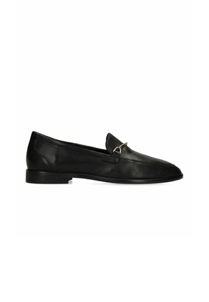 Black leather slip-on loafer with low heel and gold metal bit detail on the upper.