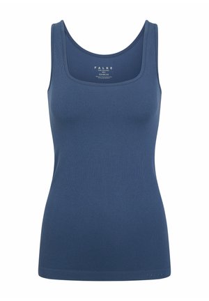 Mouwloos donkerblauw tanktop met vierkante halslijn, geribbelde structuur en subtiel merkembleem vlak bij de zoom en binnenin de kraag.