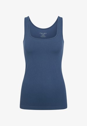 Mouwloos donkerblauw tanktop met vierkante halslijn, geribbelde structuur en subtiel merkembleem vlak bij de zoom en binnenin de kraag.