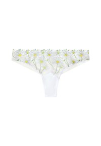 String en dentelle blanche avec broderies florales de marguerites jaunes et vertes le long de la taille. Tissu doux avec un design transparent.