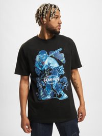 Black cotton T-shirt featuring a blue graphic of a baseball player with "HOME RUN" text, surrounded by floral elements. Short sleeves, relaxed fit.