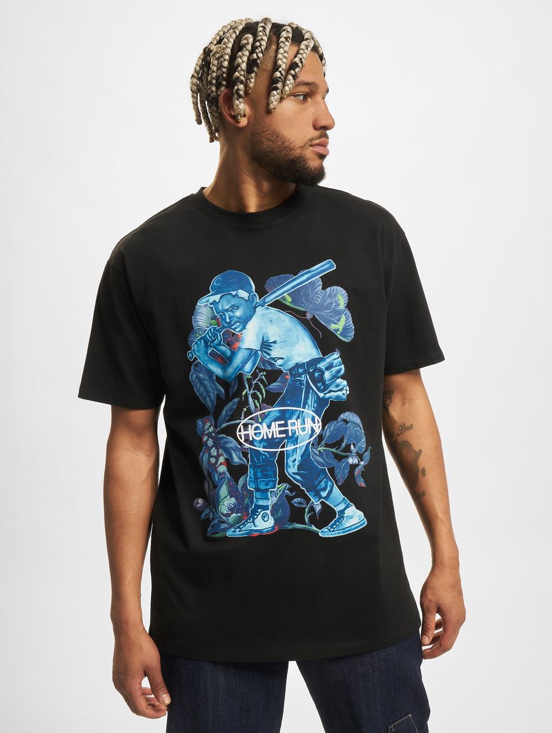 Black cotton T-shirt featuring a blue graphic of a baseball player with "HOME RUN" text, surrounded by floral elements. Short sleeves, relaxed fit.