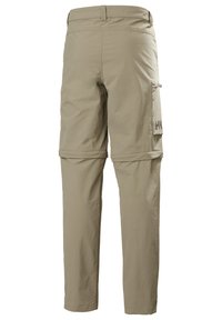Beige zip-off cargo nadrág könnyű anyagból, oldalsó zsebekkel és állítható szárakkal a hossza változtatásának lehetőségével.