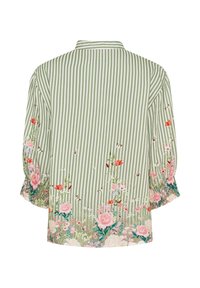 Grøn- og hvidstribet bluse med blomsterbroderi i pink og røde nuancer ved kanten og ærmerne, med en løs pasform og blød tekstur.