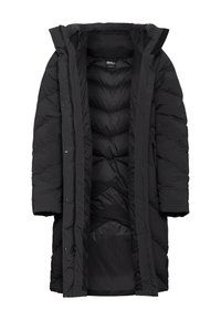 Zwarte lange gewatteerde jas met een ritssluiting. Voorzien van een capuchon, drukknoopsluiting en een gevoerde binnenkant met een chevronpatroon. Zachte stoftextuur.