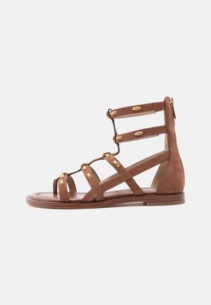 Brown suede flat gladiator sandal with multiple straps, gold oval studs, and back zipper closure, shown in side profile.