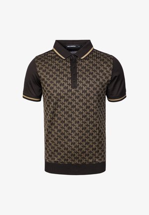 Schwarzes Poloshirt mit goldenem geometrischem "KL"-Muster, schwarzem Kragen und Bündchen mit goldener Paspelierung sowie Fünf-Knopf-Leiste.