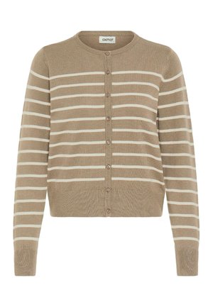 Beige kardigán s bielymi horizontálnymi pruhmi, okrúhlym výstrihom, predným zapínaním na gombíky, rebrovanými manžetami a lemom, vyrobený z mäkkej pleteniny.