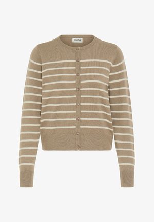 Beige kardigán s bielymi horizontálnymi pruhmi, okrúhlym výstrihom, predným zapínaním na gombíky, rebrovanými manžetami a lemom, vyrobený z mäkkej pleteniny.