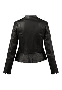 Black leather jacket with long sleeves, tailored fit, peplum hem, and smooth texture. Features a collar and seam detailing. Back view.