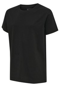 Czarna bawełniana koszulka z okrągłym dekoltem, krótkim rękawem i luźnym krojem. Gładka faktura, bez wzorów ani grafik, prosta forma.
