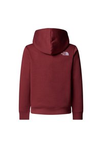 Vínová mikina s kapucňou, s rebrovanými manžetami a lemom. Na chrbte blízko krku je vyšité biele logo. Jemná zmesová bavlnená tkanina.