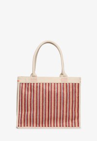 Canvas schoudertas met verticale strepen in rood, blauw en beige. De hengsels zijn romig van kleur met decoratieve stiksels.