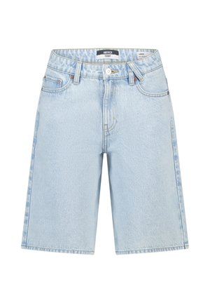 Lichtblauwe denim shorts met losse pasvorm, knoopsluiting, riemlussen en voor- en achterzakken.