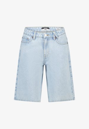 Lichtblauwe denim shorts met losse pasvorm, knoopsluiting, riemlussen en voor- en achterzakken.