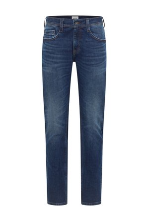 Dunkelblaue Jeans aus Denim mit geradem Bein, dezentem Verblassen, fünf Taschen und kontrastierenden Nähten. Standardbund mit Gürtelschlaufen.