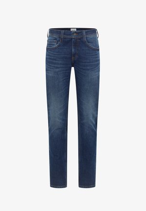 Donkerblauwe denim jeans met een rechte pijp, subtiele vervaging, vijf zakken en contrasterende stiksels. Standaard tailleband met lussen voor een riem.