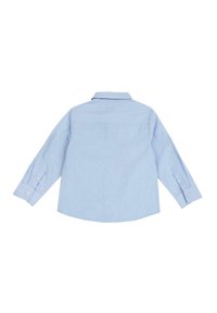 Camicia a maniche lunghe azzurro chiaro con una consistenza morbida, chiusura a bottoni sui polsini e colletto classico; presenta sottili righe verticali.