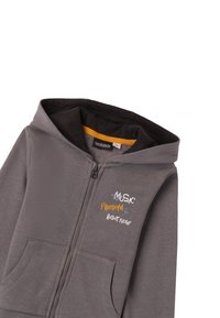 Felpa grigia con zip, dotata di tasca; presenta un interno nero, un accento giallo sul colletto e la scritta grafica "MUSIC FREEDOM RIGHT NOW" in vari colori.