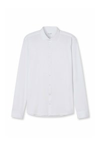 Weißes Langarmshirt aus glattem Stoff, mit Kragen, Knopfleiste und geradem Saum, ohne Muster oder Akzente.