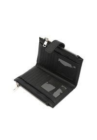 Black zippered wallet made of smooth leather with vertical stitching, multiple card slots, and two clear ID windows. Silver hardware shown.