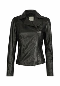 Black leather jacket with a fitted design, zip closure, and side pockets. Features ribbed accents on shoulders and a pointed collar.