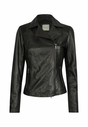 Juodas odinis švarkas su prilipusiu dizainu, užtrauktuku ir šoninėmis kišenėmis. Savybės: grioveliai ant pečių ir smailas apykaklė.