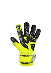 Torwarthandschuhe mit einem leuchtend gelben Körper, schwarzen Latexfingertips, ergonomischem Design, strukturierten Mustern und verstellbarem Handgelenkband.