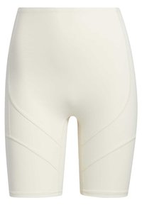 Bezešvé krémové vysoké šortky s kompresním efektem, dosahující ke kolenům, s prošívanými panely na přední a bočních stranách.