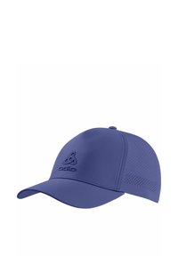 Blue athletic cap made of smooth fabric. Features a curved brim, perforated side panels, and an embossed logo on the front.