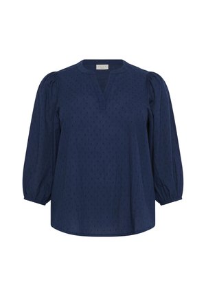 Blusa blu navy con scollatura a V, maniche lunghe a palloncino e un motivo testurizzato su tutta la superficie. Tessuto morbido con una vestibilità comoda.