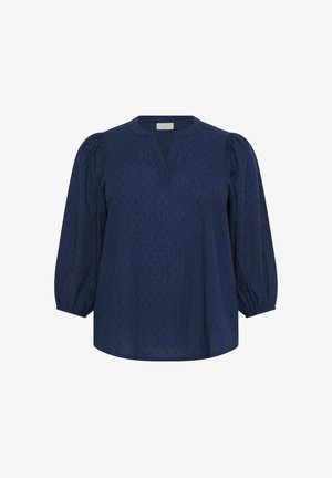 Blouse bleu marine avec un décolleté en V, des manches longues bouffantes et un motif texturé sur l'ensemble. Tissu doux avec une coupe décontractée.