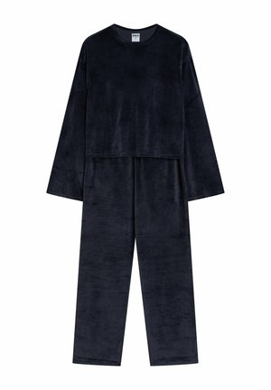 Miękki, granatowy, długi rękaw top i pasujące spodnie w stylu lounge, o luźnym kroju i okrągłym dekolcie.