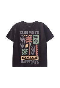 Black cotton t-shirt featuring a colorful graphic print with plants, fruit, and "TAKE ME TO HAPPYDAYS" text. Short sleeves, round neckline.