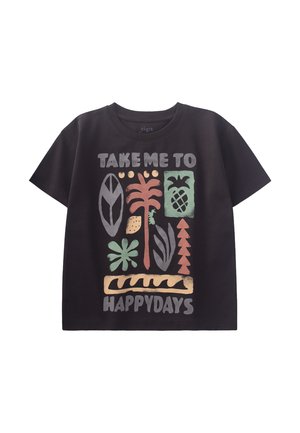 Black cotton t-shirt featuring a colorful graphic print with plants, fruit, and "TAKE ME TO HAPPYDAYS" text. Short sleeves, round neckline.