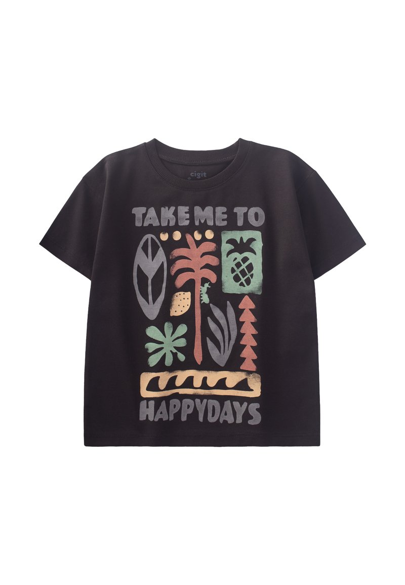 Black cotton t-shirt featuring a colorful graphic print with plants, fruit, and "TAKE ME TO HAPPYDAYS" text. Short sleeves, round neckline.