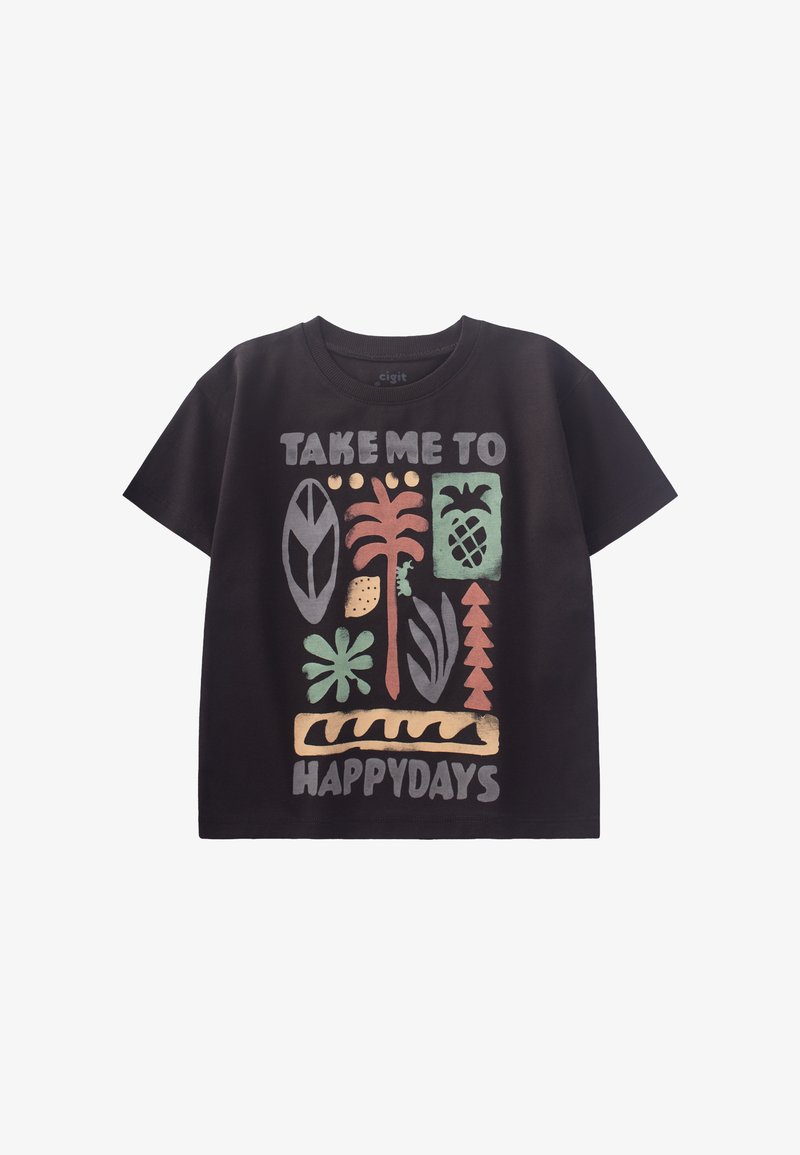 Must värvilise graafikaprindiga must puuvillane T-särk, kus on kujutatud taimi ja puuvilju, ning tekst "VIEDA MIND ÕNNEPÄEVADESSE". Lühikesed varrukad, ümmargune kaelus.