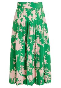 Grüne plissierte Bluse mit einem floralen Muster in Pink. Aus leichtem Stoff gefertigt, mit einem glatten Taillenbund und fließendem Design.