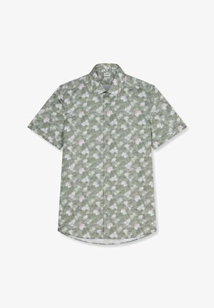 Camicia a maniche corte con bottoni in verde spento con motivo floreale bianco e rosa chiaro, con colletto classico e bottoni sui polsini.
