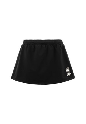 Skort sportivo nero con vita elastica, design svasato e dettagli del logo in bianco nell'angolo in basso a destra. Texture liscia.