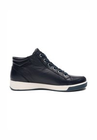 Black leather high-top sneaker with black laces, white midsole, and dark gray outsole, shown from the outer side on a white background.