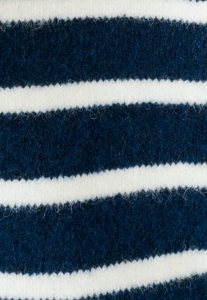 Marineblauw en wit gestreepte wolstof, met afwisselend brede strepen en een gestructureerd oppervlak, wat een zachte en warme uitstraling geeft.